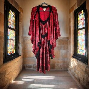 Vtg Victoria's Secret Gold Label Maxi Slip Dress & Cover Up Lace Red Black Sz M